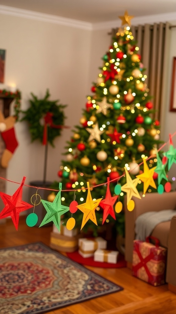 A festive paper garland with colorful shapes hanging in a decorated living room for Christmas.